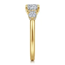 Discount Gabriel & Co. Abbi - 14K Yellow Gold Cushion Cut Three Stone Diamond Engagement Ring