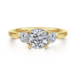 Discount Gabriel & Co. Abbi - 14K Yellow Gold Cushion Cut Three Stone Diamond Engagement Ring