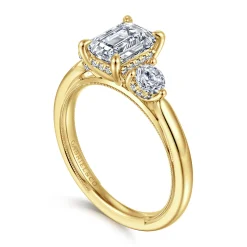 Clearance Gabriel & Co. Abbi - 14K Yellow Gold Emerald Cut Three Stone Diamond Engagement Ring