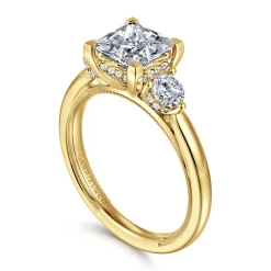 New Gabriel & Co. Abbi - 14K Yellow Gold Princess Cut Three Stone Diamond Engagement Ring