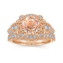 Best Gabriel & Co. Abel - Vintage Inspired 14K Rose Gold Round Halo Morganite and Diamond Engagement Ring
