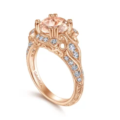 Best Gabriel & Co. Abel - Vintage Inspired 14K Rose Gold Round Halo Morganite and Diamond Engagement Ring