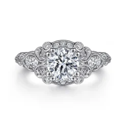 Sale Gabriel & Co. Abel - Vintage Inspired 14K White Gold Fancy Halo Round Diamond Engagement Ring