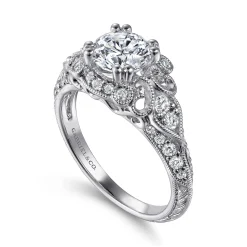 Sale Gabriel & Co. Abel - Vintage Inspired 14K White Gold Fancy Halo Round Diamond Engagement Ring