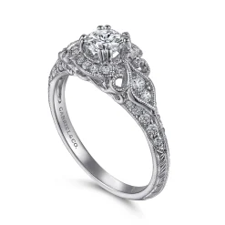 New Gabriel & Co. Abel - Vintage Inspired 14K White Gold Round Halo Complete Diamond Engagement Ring