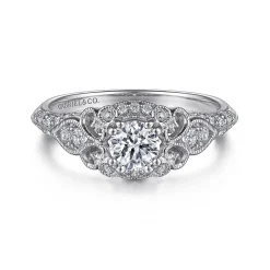 New Gabriel & Co. Abel - Vintage Inspired 14K White Gold Round Halo Complete Diamond Engagement Ring