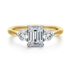 New Gabriel & Co. Adeline - 14K White-Yellow Gold Emerald Cut Three Stone Diamond Engagement Ring