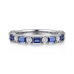 New Gabriel & Co. Aggie - 14K White Gold Prong Set Baguette Sapphire and Round Diamond Anniversary Band - 0.35 ct