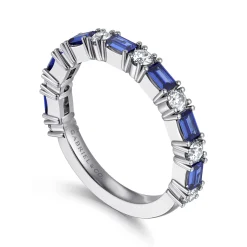 New Gabriel & Co. Aggie - 14K White Gold Prong Set Baguette Sapphire and Round Diamond Anniversary Band - 0.35 ct
