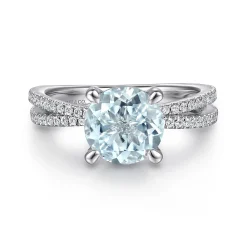 Hot Gabriel & Co. Aisha - 14K White Gold Split Shank Round Aquamarine and Diamond Engagement Ring