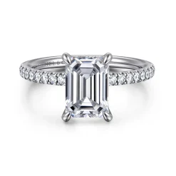 New Gabriel & Co. Allison - 14K White Gold Emerald Cut Hidden Halo Diamond Engagement Ring