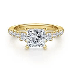 New Gabriel & Co. Alta - 14K Yellow Gold Princess Cut Three Stone Diamond Engagement Ring