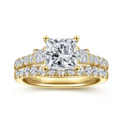 New Gabriel & Co. Alta - 14K Yellow Gold Princess Cut Three Stone Diamond Engagement Ring