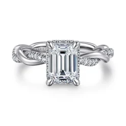 New Gabriel & Co. Ama - 14K White Gold Twisted Emerald Cut Halo Diamond Engagement Ring