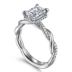 New Gabriel & Co. Ama - 14K White Gold Twisted Emerald Cut Halo Diamond Engagement Ring