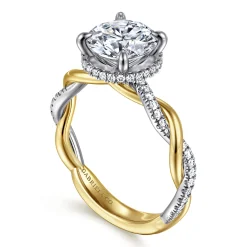 Gabriel & Co. Ama - 14K White-Yellow Gold Twisted Round Halo Diamond Engagement Ring