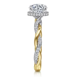 Clearance Gabriel & Co. Ama - 14K White-Yellow Gold Twisted Round Halo Diamond Engagement Ring