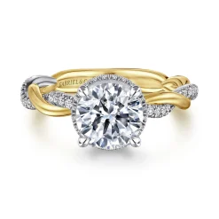 Clearance Gabriel & Co. Ama - 14K White-Yellow Gold Twisted Round Halo Diamond Engagement Ring