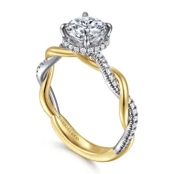 Outlet Gabriel & Co. Ama - 14K White-Yellow Gold Twisted Round Halo Diamond Engagement Ring