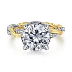 Discount Gabriel & Co. Ama - 14K White-Yellow Gold Twisted Round Halo Diamond Engagement Ring