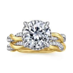 Discount Gabriel & Co. Ama - 14K White-Yellow Gold Twisted Round Halo Diamond Engagement Ring