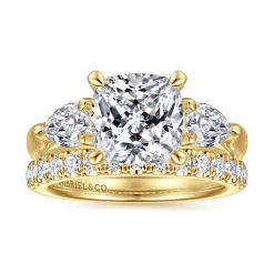 Discount Gabriel & Co. Anabelle - 14K Yellow Gold Cushion Cut Three Stone Diamond Engagement Ring