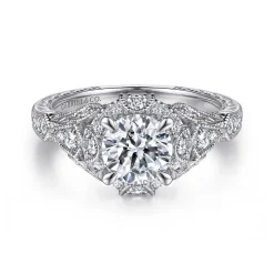 Clearance Gabriel & Co. Annadale - Unique 14K White Gold Vintage Inspired Diamond Halo Engagement Ring
