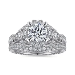 Clearance Gabriel & Co. Annadale - Unique 14K White Gold Vintage Inspired Diamond Halo Engagement Ring