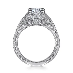 Clearance Gabriel & Co. Annadale - Unique 14K White Gold Vintage Inspired Diamond Halo Engagement Ring