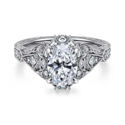 Clearance Gabriel & Co. Annadale - Unique 14K White Gold Vintage Inspired Oval Halo Diamond Engagement Ring