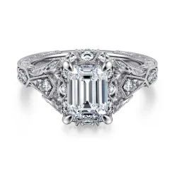 Online Gabriel & Co. Annadale - Unique 14K White Gold Vintage Inspired Emerald Cut Diamond Halo Engagement Ring