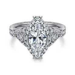 New Gabriel & Co. Annadale - Unique 14K White Gold Vintage Inspired Marquise Shape Diamond Halo Engagement Ring