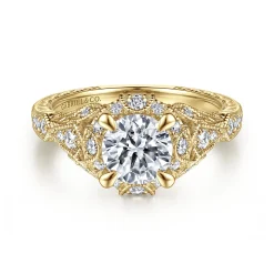 Gabriel & Co. Annadale - Unique 14K Yellow Gold Vintage Inspired Diamond Halo Engagement Ring