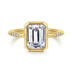 Best Gabriel & Co. Aspen - 14K Yellow Gold Bezel Set Emerald Cut Diamond Engagement Ring