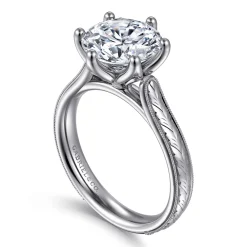 New Gabriel & Co. Aureliana - Vintage Inspired 14K White Gold Round Solitaire Diamond Engagement Ring