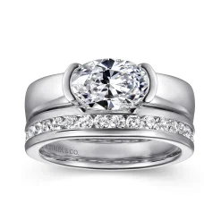 Clearance Gabriel & Co. Bara - 14K White Gold Half Bezel East West Oval Diamond Engagement Ring