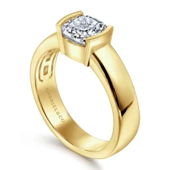 New Gabriel & Co. Bara - 14K Yellow Gold Half Bezel East West Cushion Cut Diamond Engagement Ring