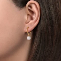 New Gabriel & Co. Beaded Huggie Drop Earrings 14K Yellow Gold Pearl 15mm