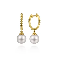 New Gabriel & Co. Beaded Huggie Drop Earrings 14K Yellow Gold Pearl 15mm