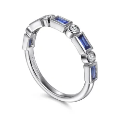 Sale Gabriel & Co. Billie - 14K White Gold Bezel Set Baguette Sapphire and Round Diamond Anniversary Band - 0.12 ct