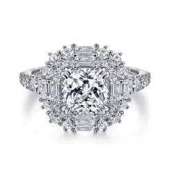Best Gabriel & Co. Brocade - 14K White Gold Cushion Double Halo Diamond Engagement Ring