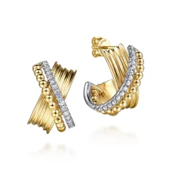 New Gabriel & Co. Bujukan Bold - 14K White Yellow Gold Bujukan and Diamond Criss Cross J Hoop Earrings