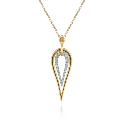 Clearance Gabriel & Co. Bujukan Clover - 14K White Yellow Gold Bujukan and Graduating Diamond Pear Shape Pendant Drop Necklace