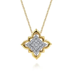 Clearance Gabriel & Co. Byzantine Flower - 18K White Yellow Gold Graduating Diamond Floral Pendant Necklace