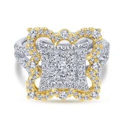 Discount Gabriel & Co. Byzantine Flower - 18K White-Yellow Gold Intricate Square Diamond Pave Statement Ring