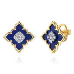 Sale Gabriel & Co. Byzantine Flower - 18K White Yellow Gold Diamond and Lapis Floral Stud Earrings
