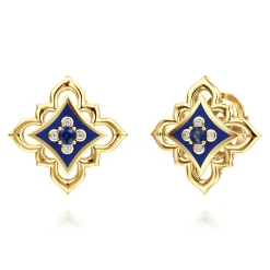 Hot Gabriel & Co. Byzantine Flower - 18K Yellow Gold Diamond and Blue Sapphire Floral Stud Earrings with Chrome Blue Enamel