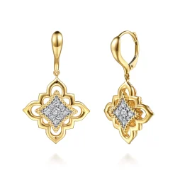 Clearance Gabriel & Co. Byzantine Flower - 18K Yellow Gold Bujukan and Diamond Floral Leverback Drop Earrings