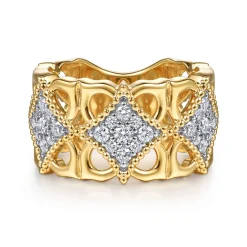 Clearance Gabriel & Co. Byzantine Flower - 18K Yellow Gold Bujukan and Diamond Floral Wide Band Ring