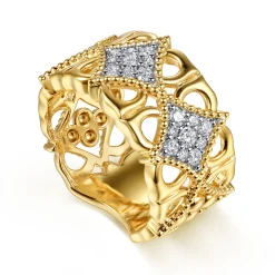Clearance Gabriel & Co. Byzantine Flower - 18K Yellow Gold Bujukan and Diamond Floral Wide Band Ring